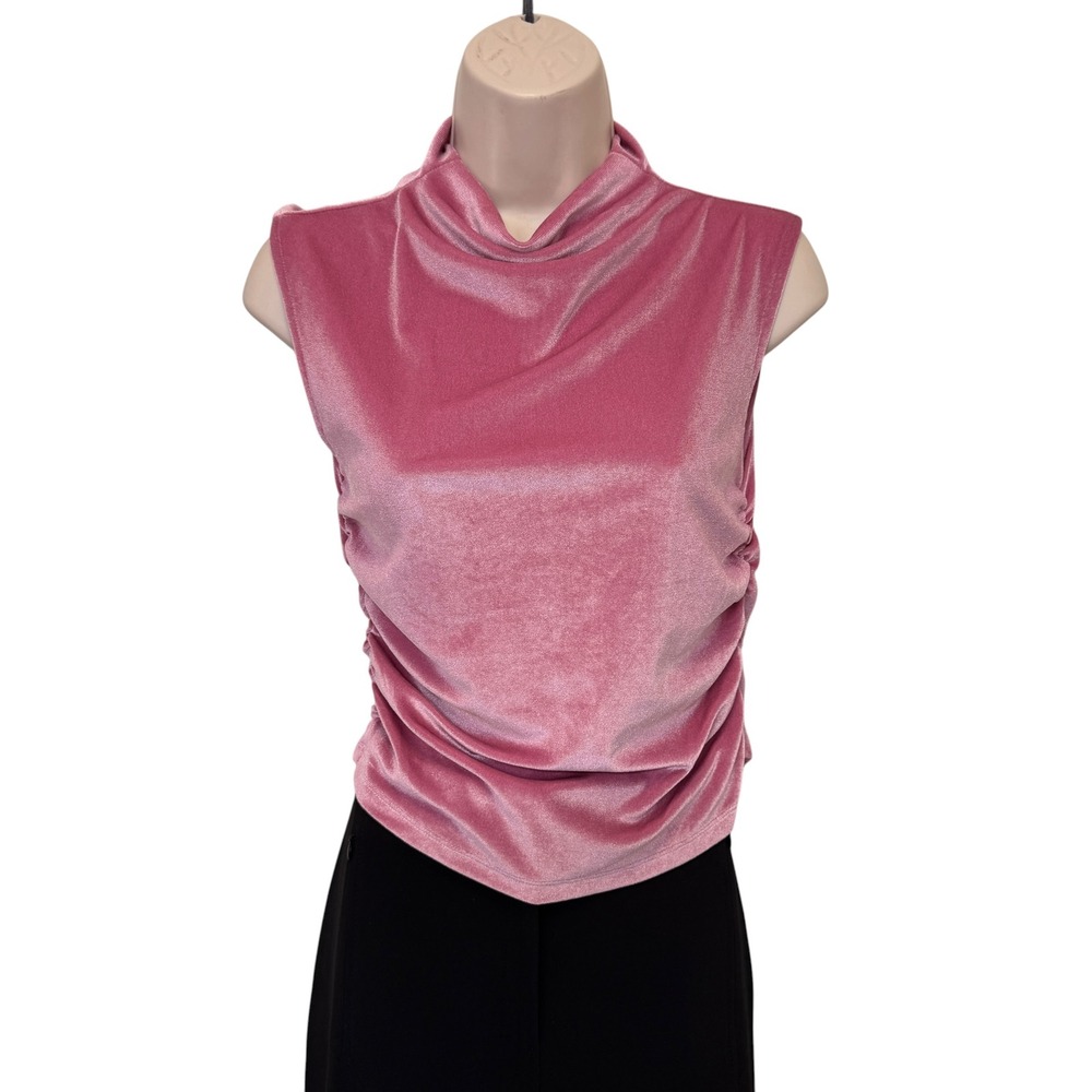 A‎ New Day Womens Top XS Mauve Pink Velvet Ruched Mock Neck Luxe Chic